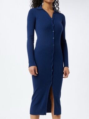 Ribbed Button-Front Midi Dress in Navy